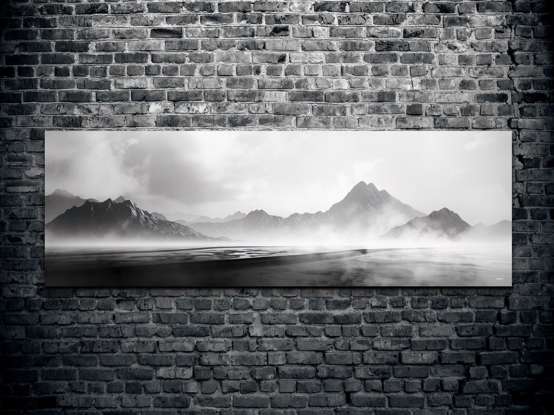 Black And White Moody Misty Mountains Over Still Water Poster - Image 2
