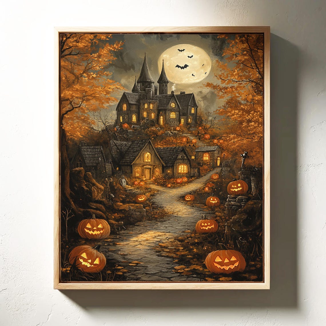 Haunted Halloween Village Jack O Lantern Path Full Moon Night Wall Art - Image 3