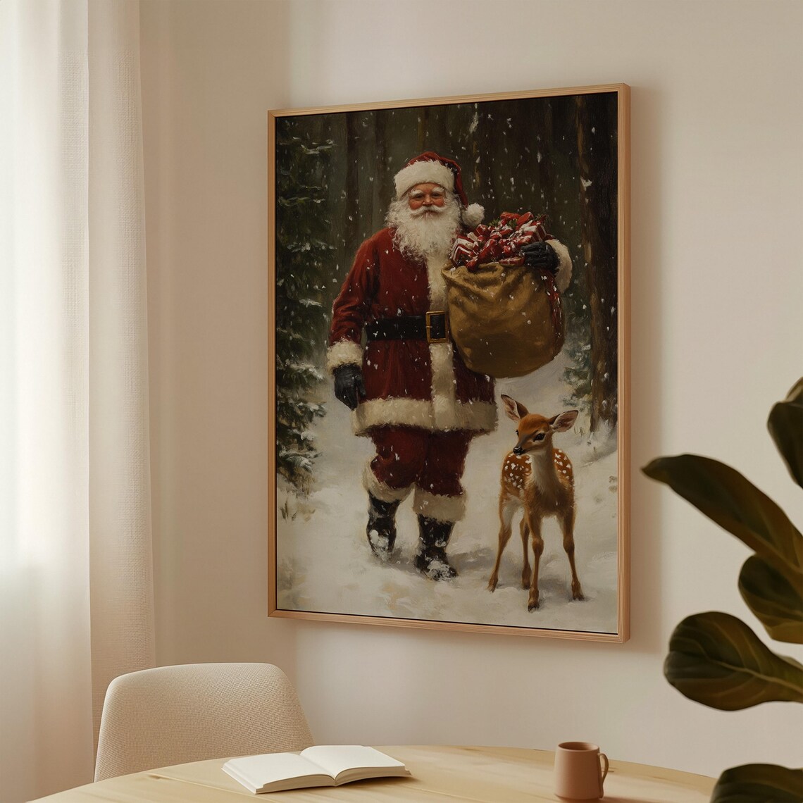 Vintage Santa Claus With Deer Fawn Snowy Forest Christmas Poster