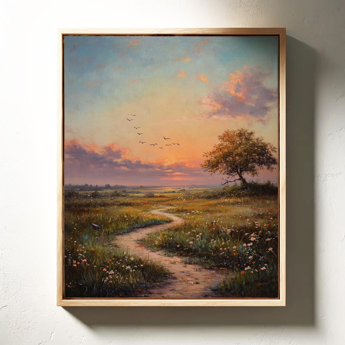 Golden Sunset Pathway With Wildflowers, Landscape Art - Image 5