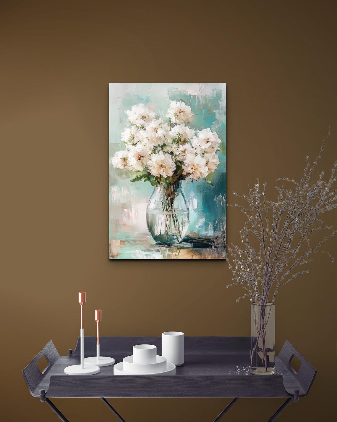 White Peonies Glass Vase Teal Abstract Floral Bouquet Art Poster - Image 4
