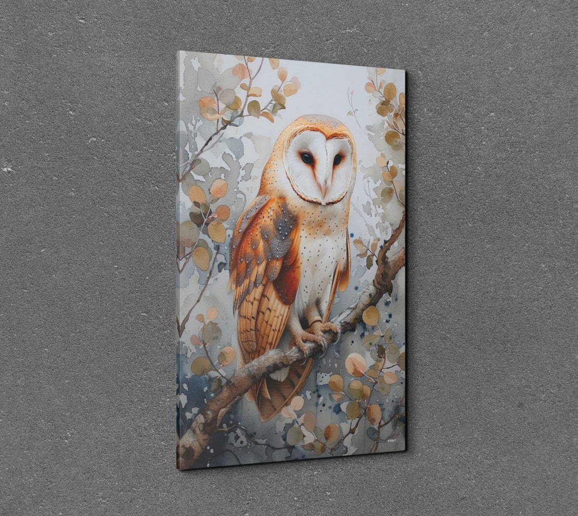 Barn Owl Front View Branch Watercolor Autumn Forest Bird Poster - Image 3