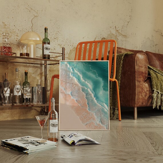 Turquoise Ocean Waves Aerial View Peach Beach Coastal Art Poster