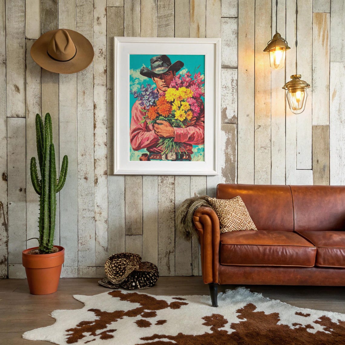 Cowboy Holding Bright Wildflower Bouquet Western Pop Art Poster