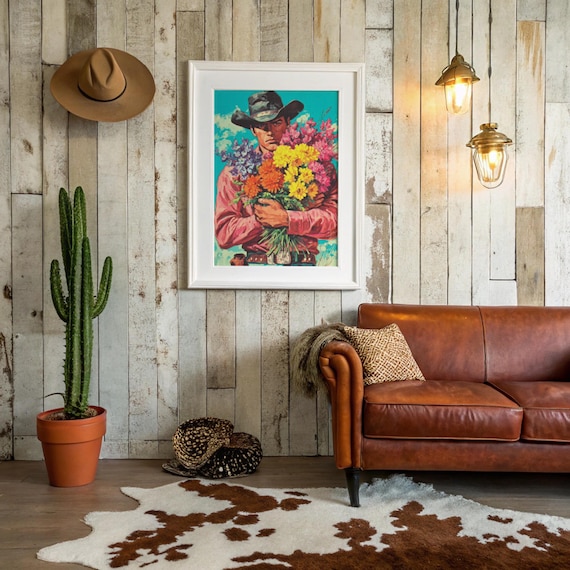 Cowboy Holding Bright Wildflower Bouquet Western Pop Art Poster