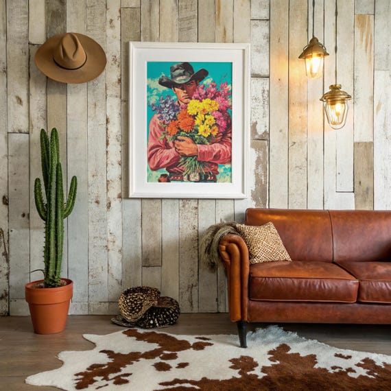 Cowboy Holding Bright Wildflowers Western Pop Art