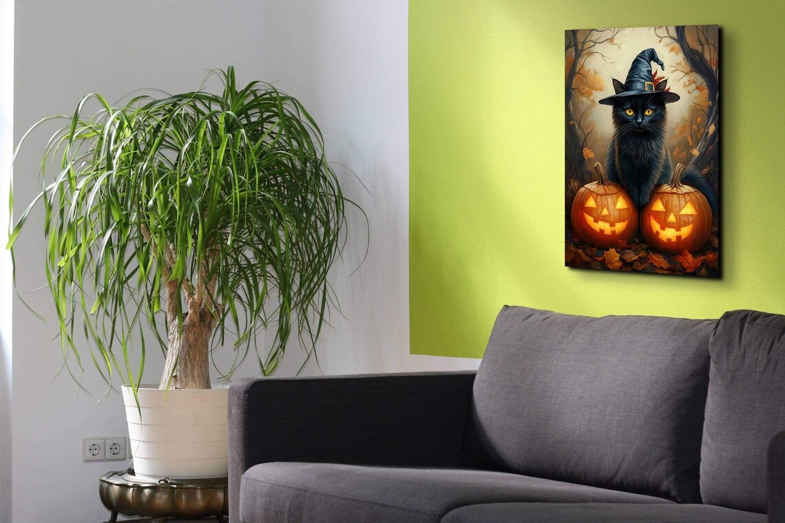 Witches Black Cat in Pumpkin Patch, Halloween Art Print - Image 3
