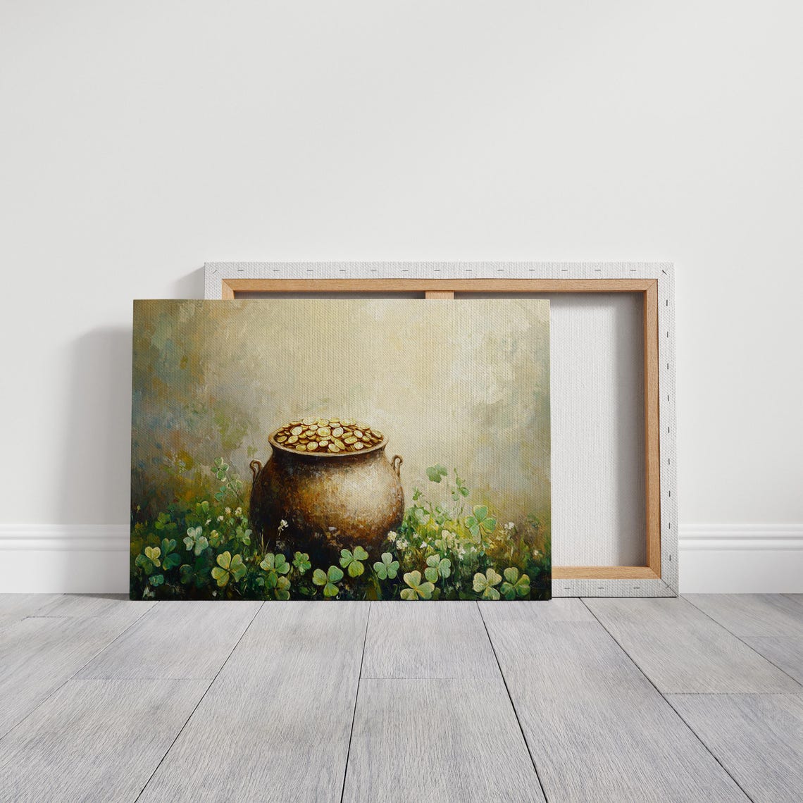Golden Pot of Coins in Clover Field Impressionist Painting Wall Art - Image 4