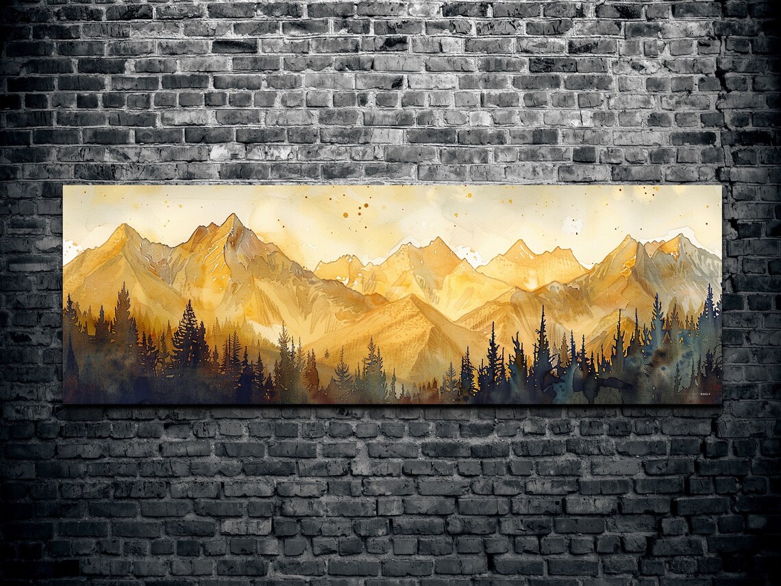 Golden Sunrise Over Mountain Peaks Panoramic Watercolor Poster - Image 2