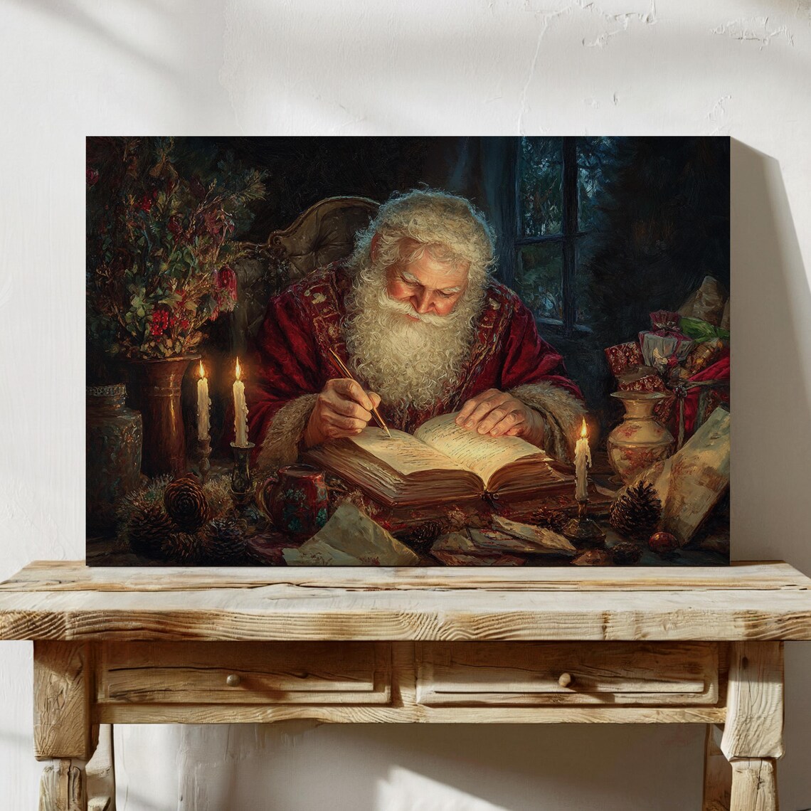 Santa Writing His List, Vintage Christmas Oil Painting - Image 7