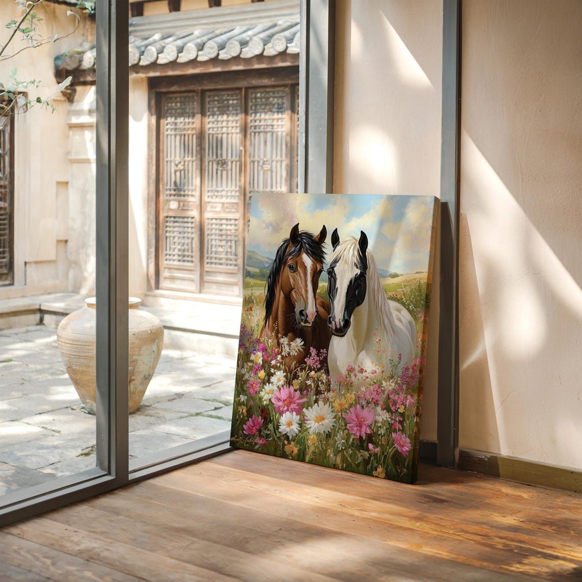 Two Horses Side by Side in Blooming Wildflower Meadow Close-Up Poster - Image 5