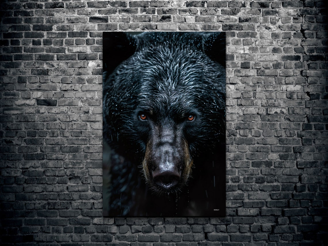 Black Bear Face Wet Fur Rain Close-Up Intense Wildlife Wall Art - Image 2