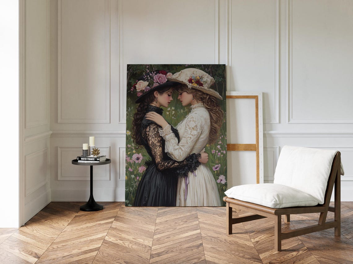 Two Women in Vintage Flower Hats Embracing in a Garden Poster - Image 5
