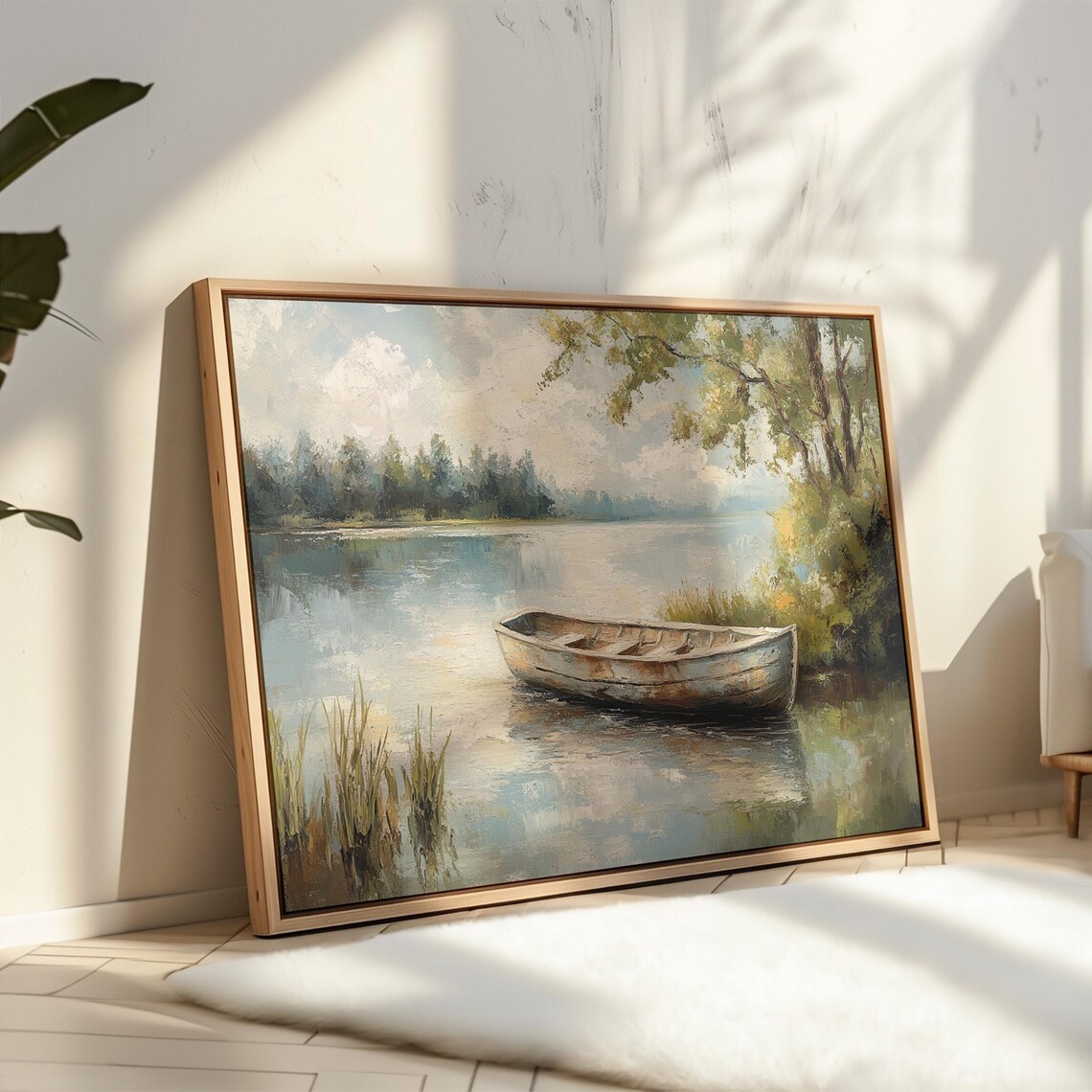 Rustic Rowboat Calm Lake Vintage Lakeside Landscape Wall Art - Image 4