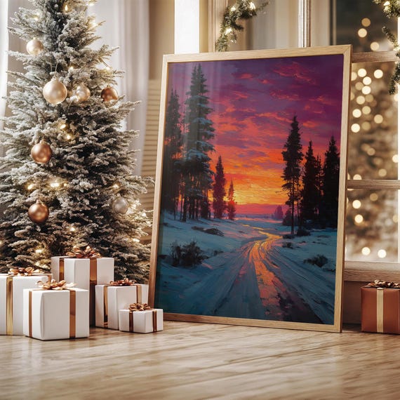 Winter Sunset Over Snowy Forest Path
