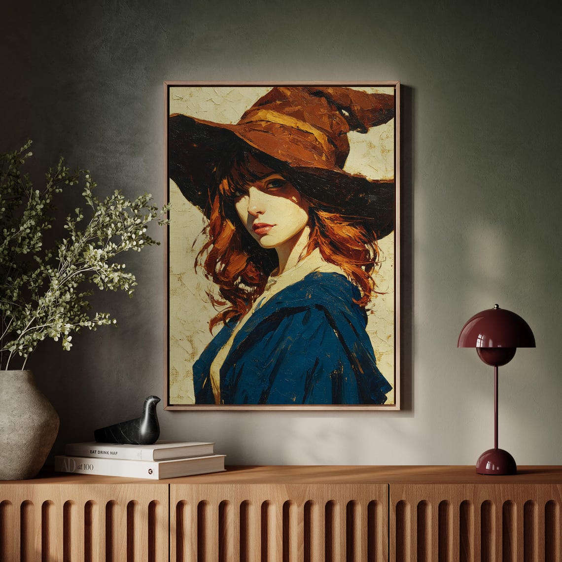 Redhead Woman In Rustic Brown Witch Hat Oil Painting Charm Poster