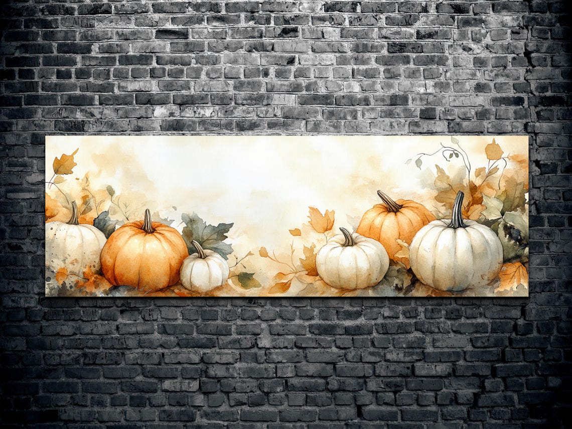 Watercolor Pumpkins White Orange Gourds Autumn Leaves Art Poster - Image 2