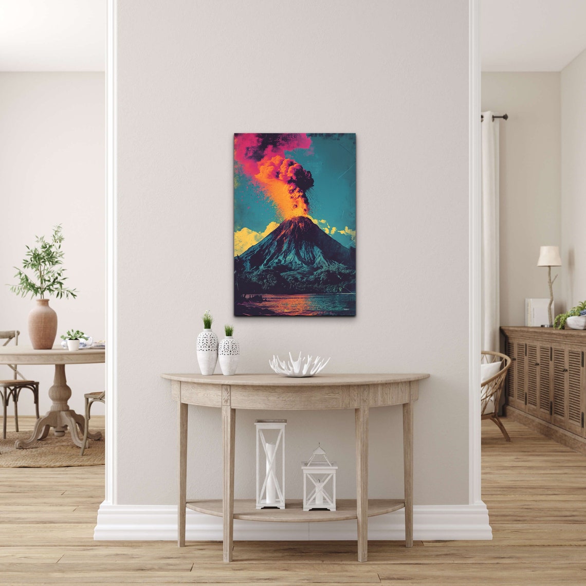 Erupting Volcano in Bold Pop Art Colors Under a Teal Sky Poster - Image 7