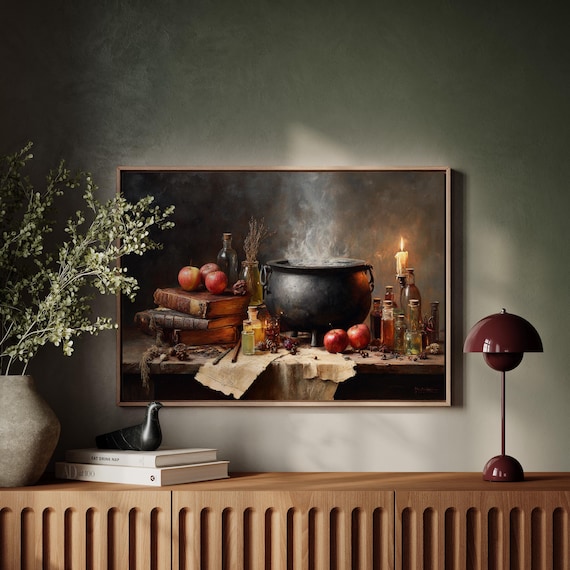Witch Cauldron Potion Bottles and Spellbook Gothic Still Life Poster