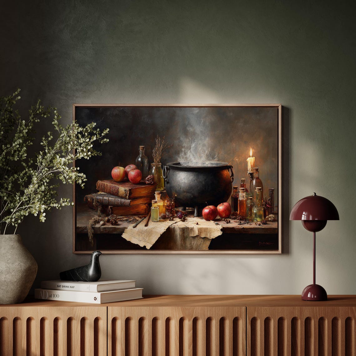 Witch Cauldron Potion Bottles and Spellbook Gothic Still Life Poster