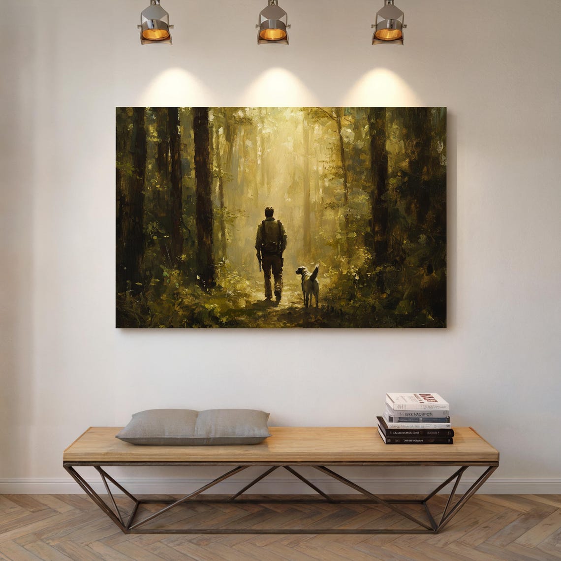 Man And Dog Walking Sunlit Forest Trail Adventure Painting Poster - Image 6