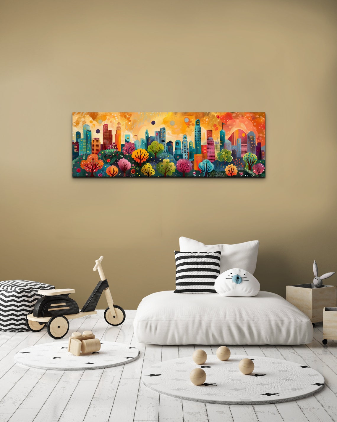 Whimsical City Skyline Sunset Colorful Trees Urban Panoramic Wall Art - Image 3