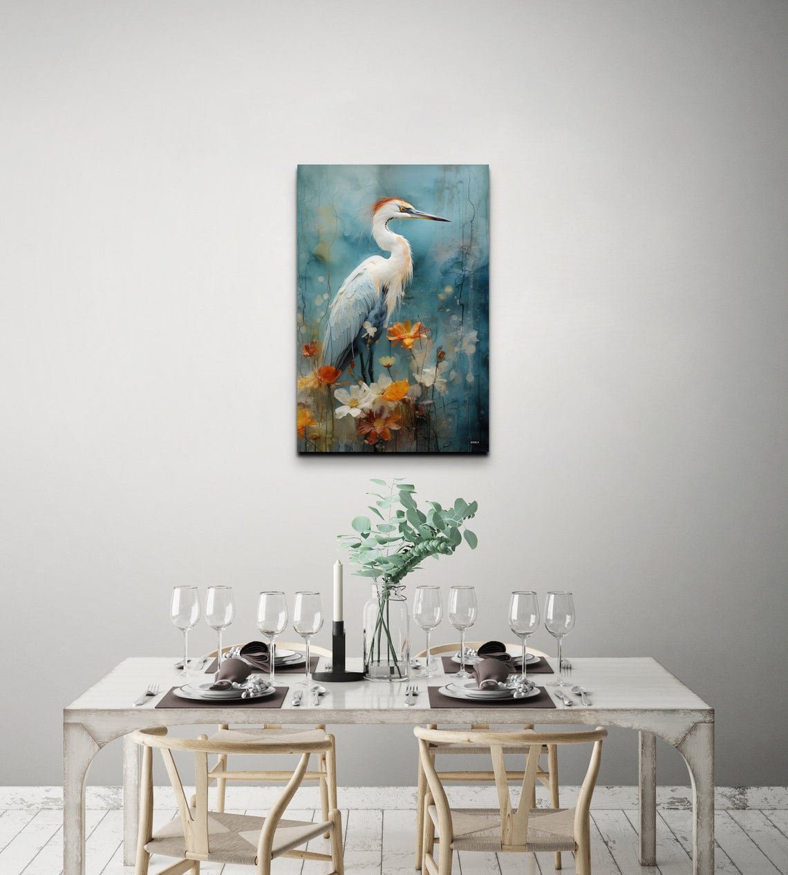 White Heron Among Orange Flowers Watercolor Bird Artwork Poster - Image 7