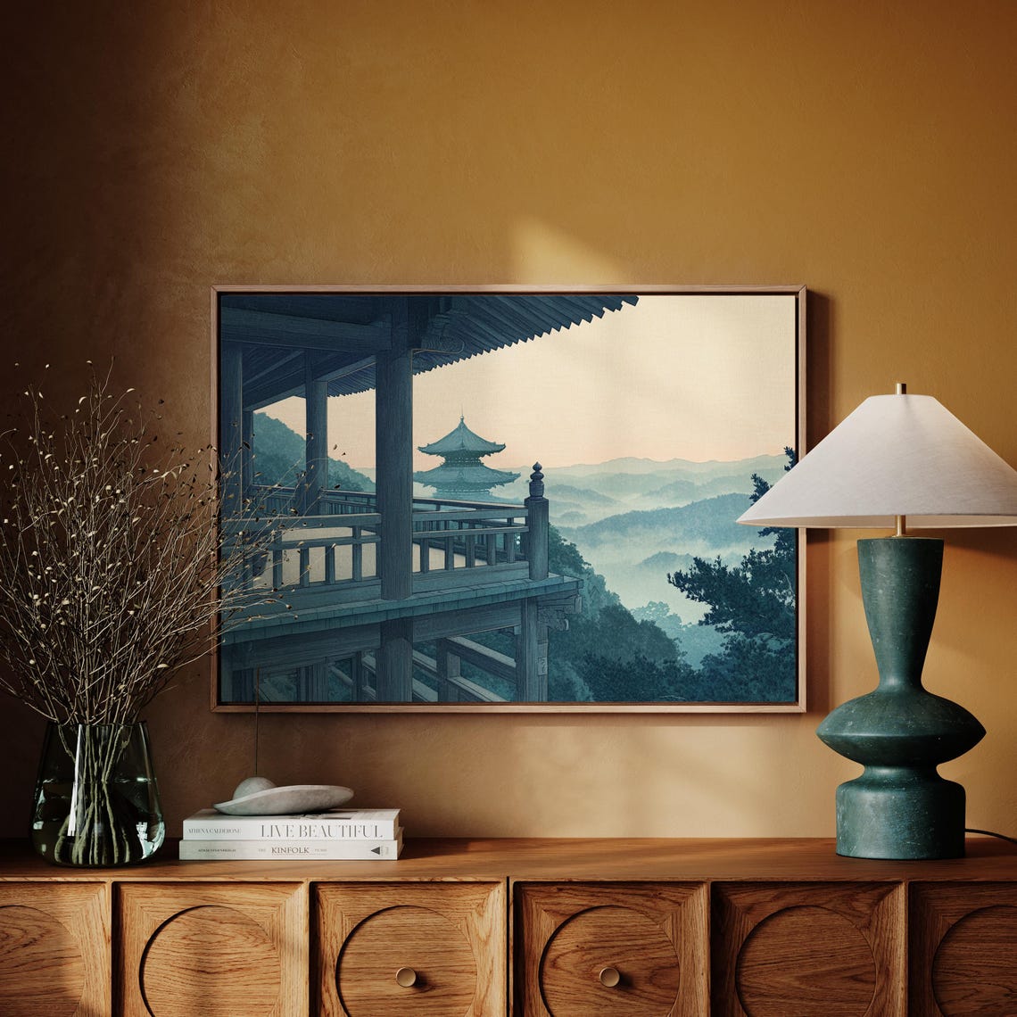 Japanese Temple Terrace Overlooking Misty Mountains Dawn Poster - Image 5