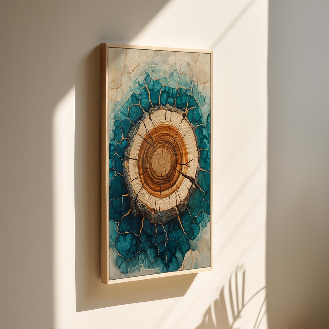 Abstract Tree Ring Cracked Wood Resin Art Rustic Blue Gold Nature Wall Decor Modern Organic Textured Print - Image 2