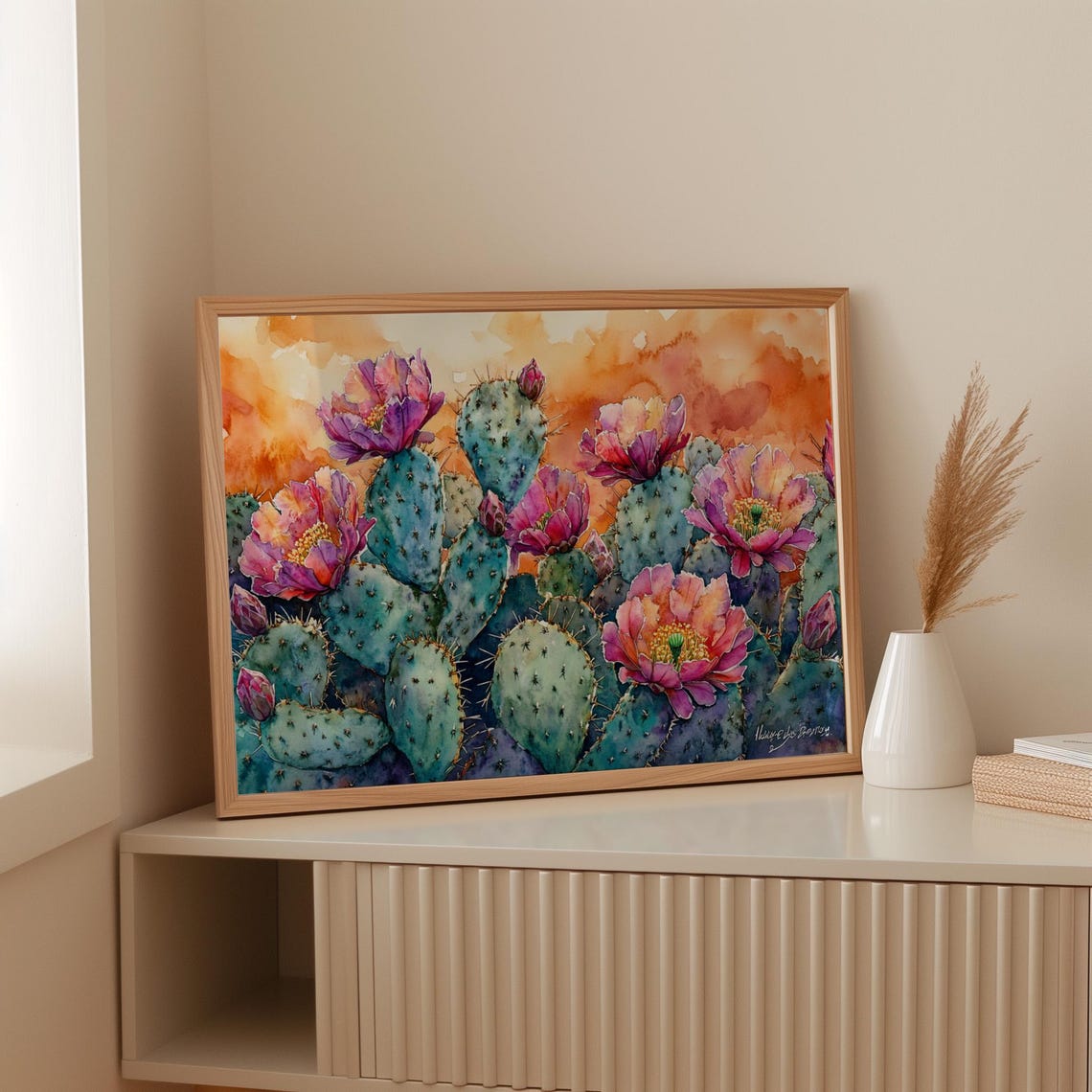 Blooming Prickly Pear Cactus Sunset Watercolor Southwest Poster