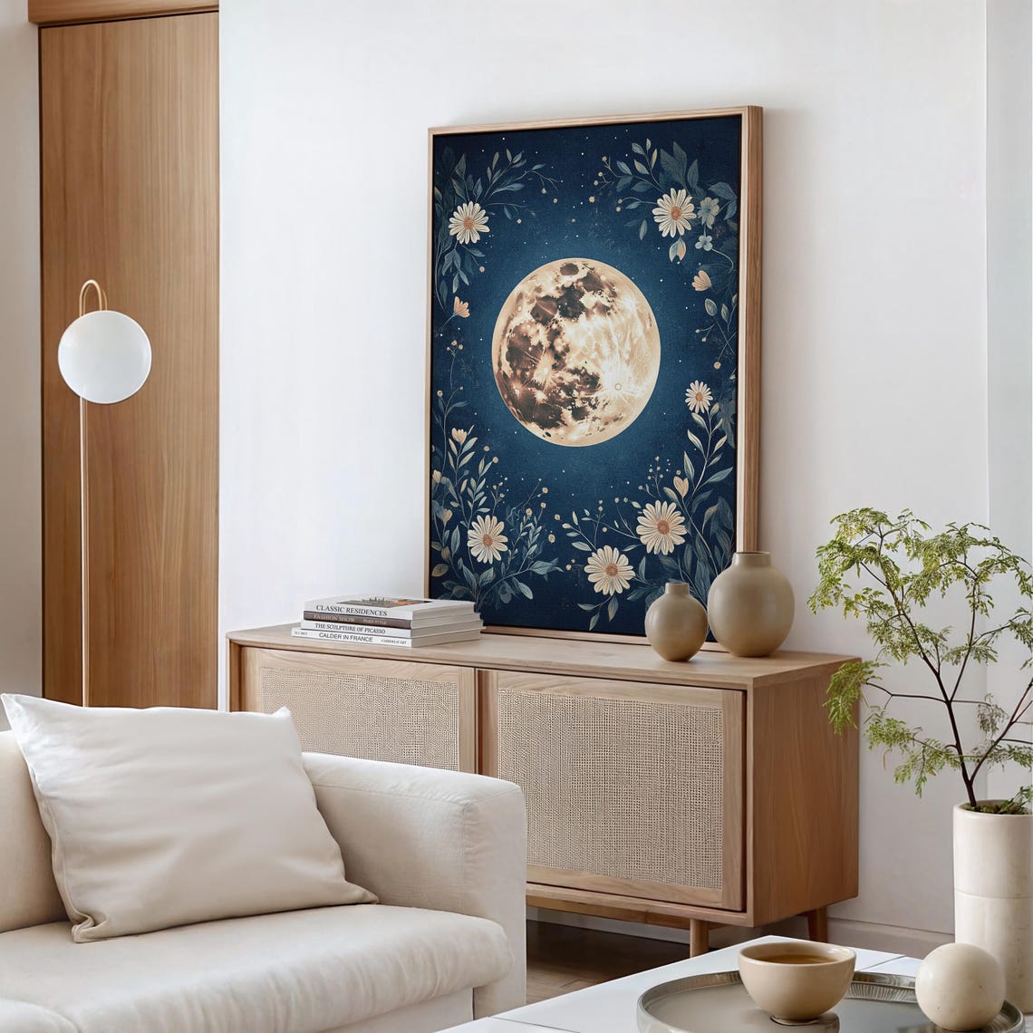 Full Moon Teal Night Sky Daisy Botanical Celestial Art Poster - Image 5