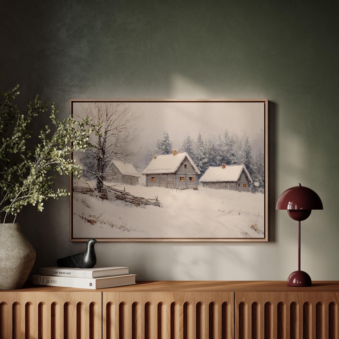 Snowy Winter Farmhouses In Misty Forest Landscape Art Poster