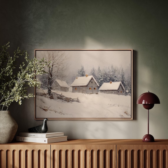 Snowy Winter Farmhouses In Misty Forest Landscape Art Poster