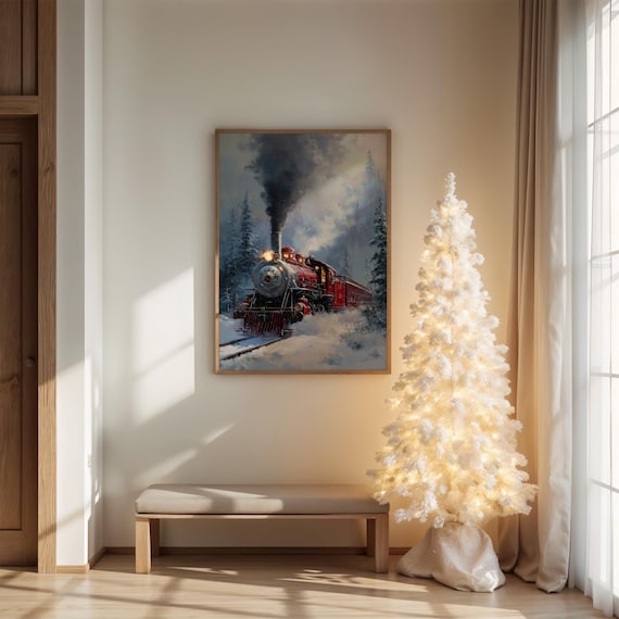 Red Steam Train In Snowy Forest Vintage Christmas Holiday Poster