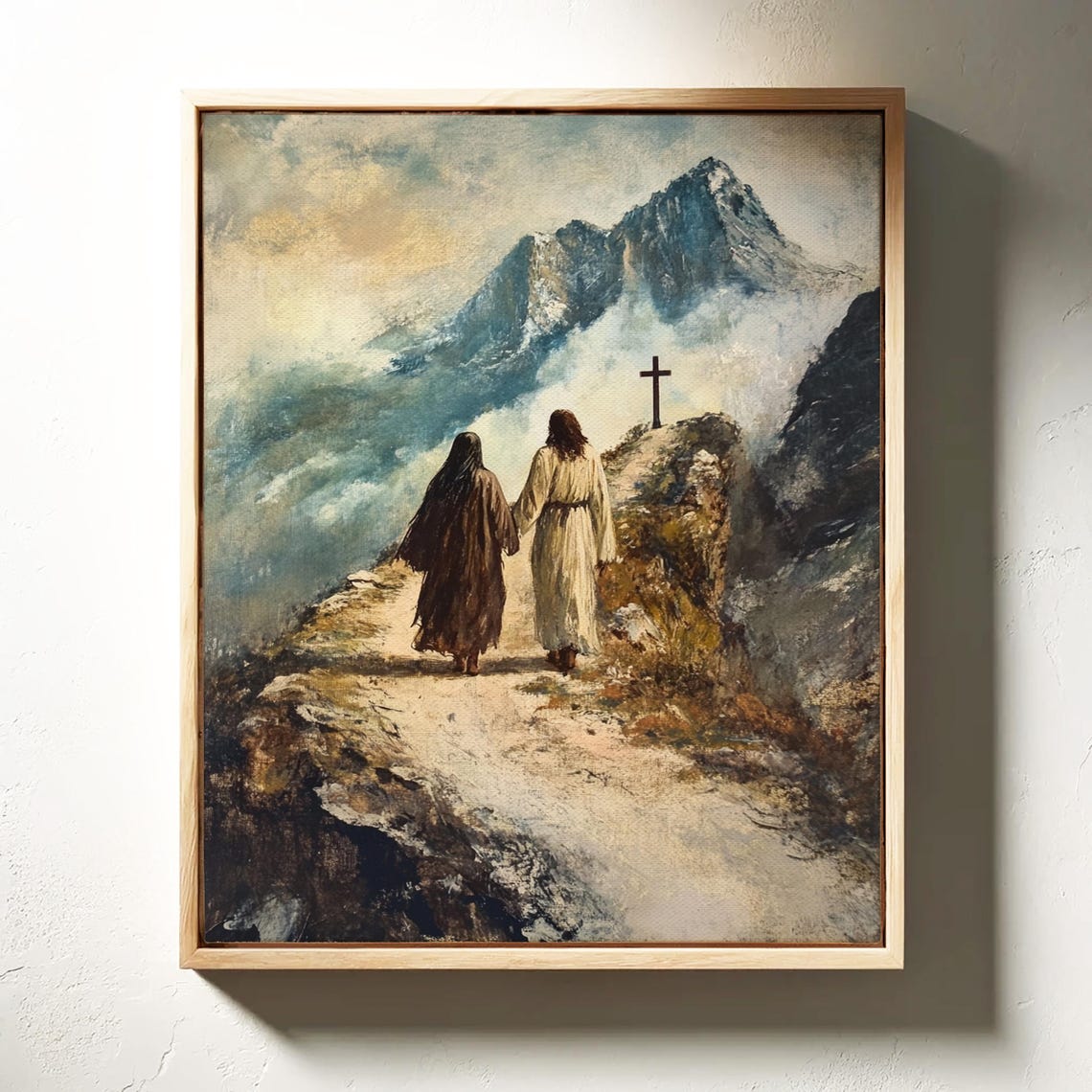 Jesus Walking With a Woman Toward a Cross on a Mountain Path Poster