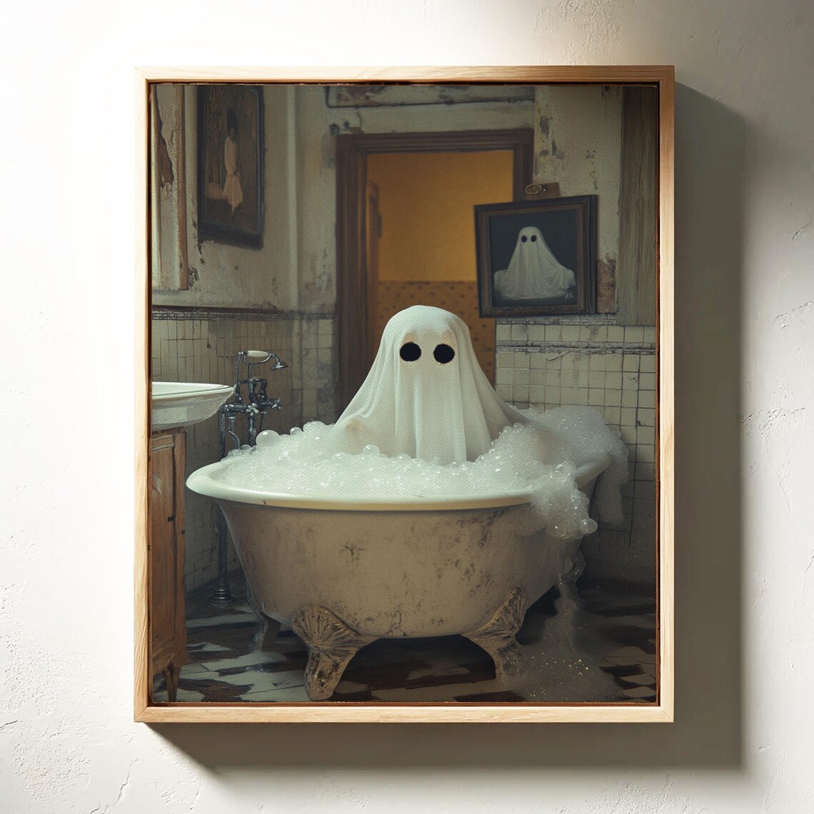 Whimsical Ghost in Vintage Bubble Bath Old Bathroom Halloween Wall Poster - Image 2