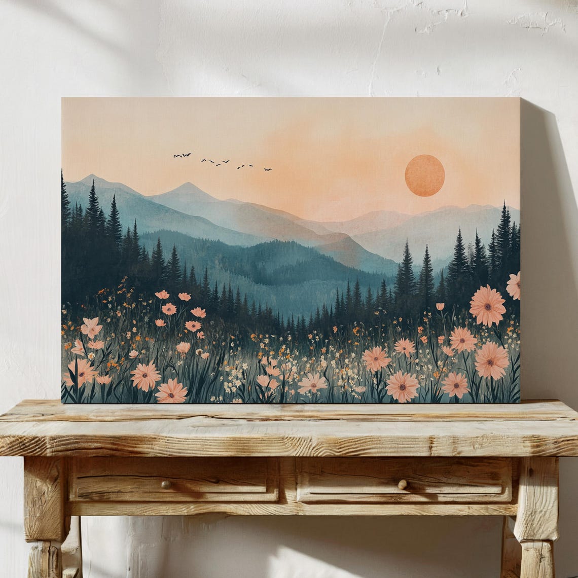Soft Peach Mountain Sunrise With Pine Forest And Wildflowers Poster