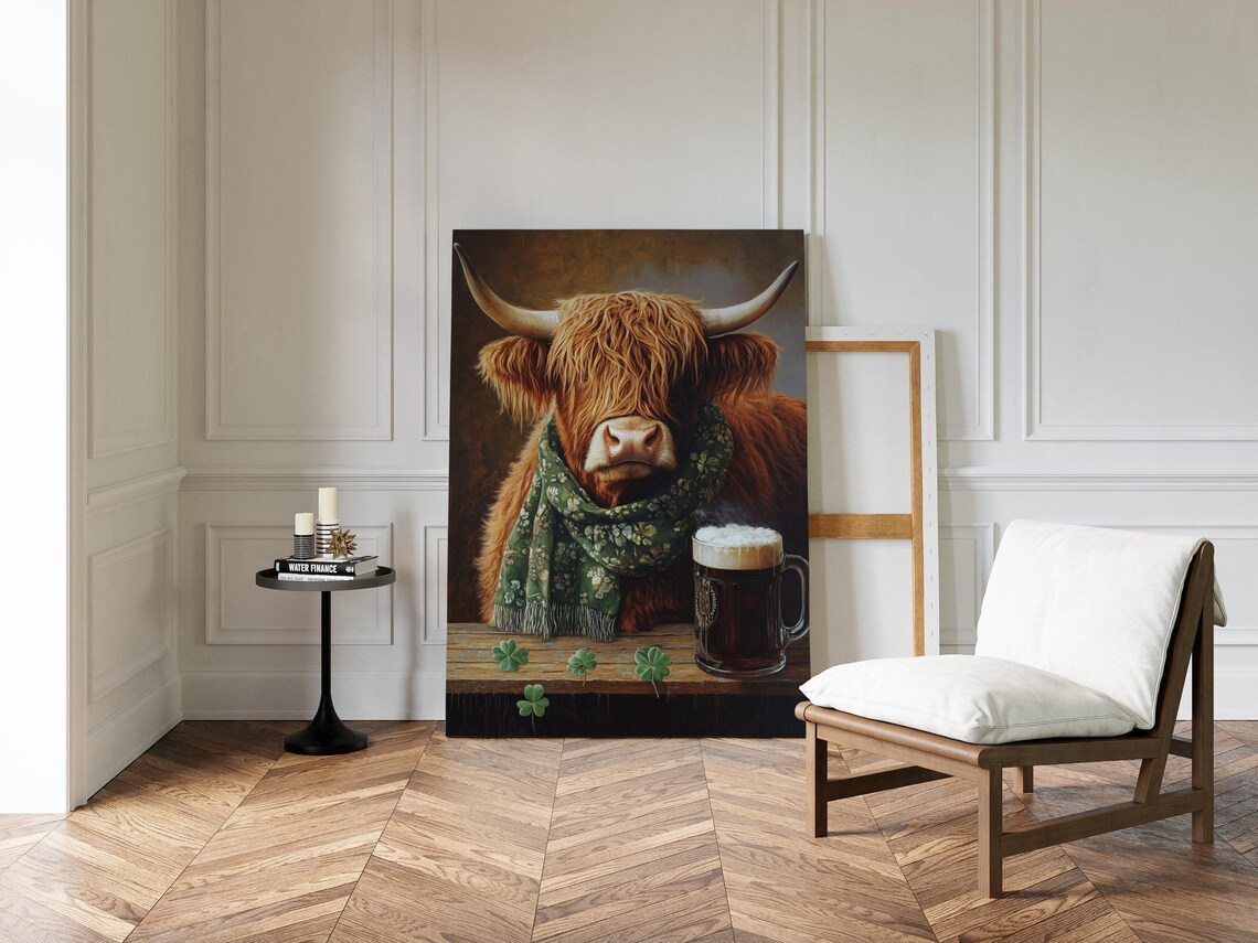 Shaggy Highland Cow Clover Scarf Frothy Beer Mug Wall Poster - Image 4