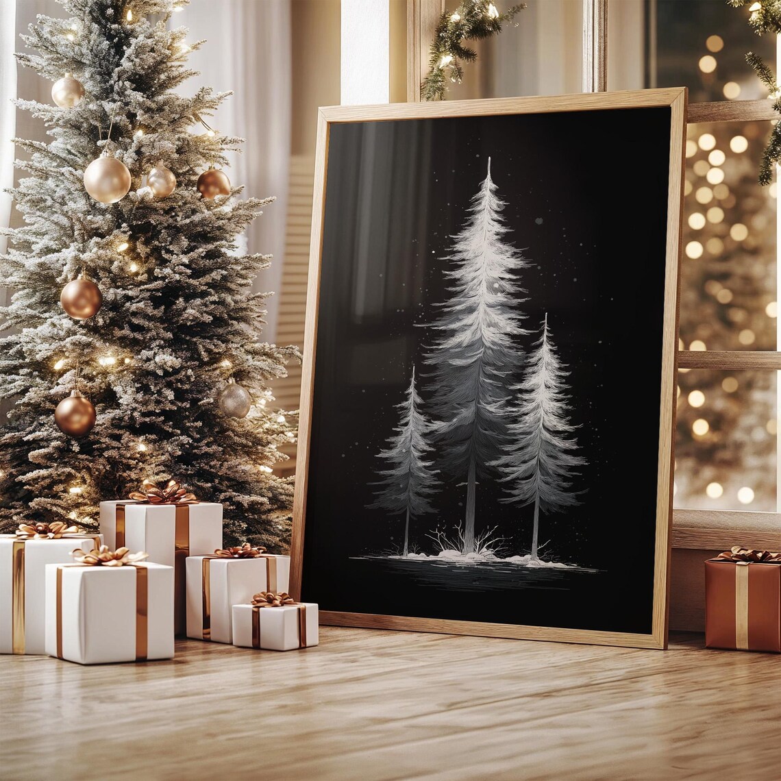 Minimalist Winter Pines, Black and White Art Print