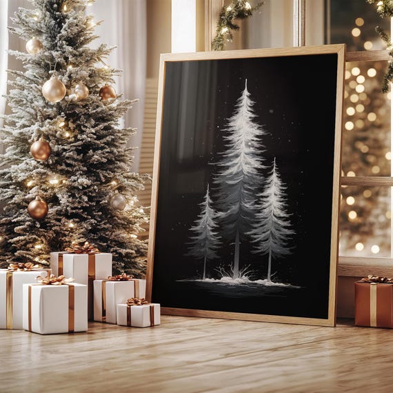 Minimalist Winter Pines, Black and White Art Print