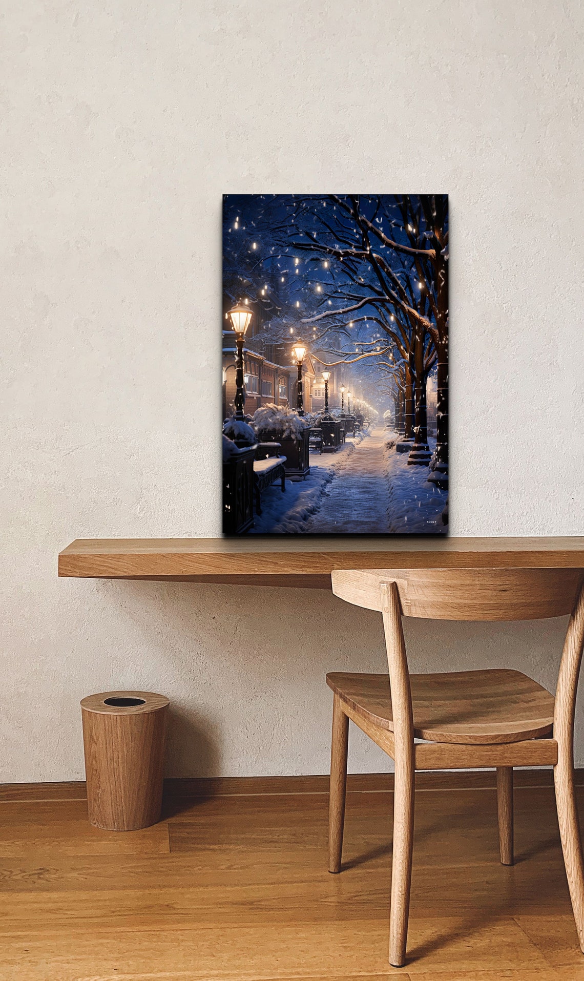 Snowy Winter Street Night Glowing Lamps Falling Snow Art Poster - Image 7