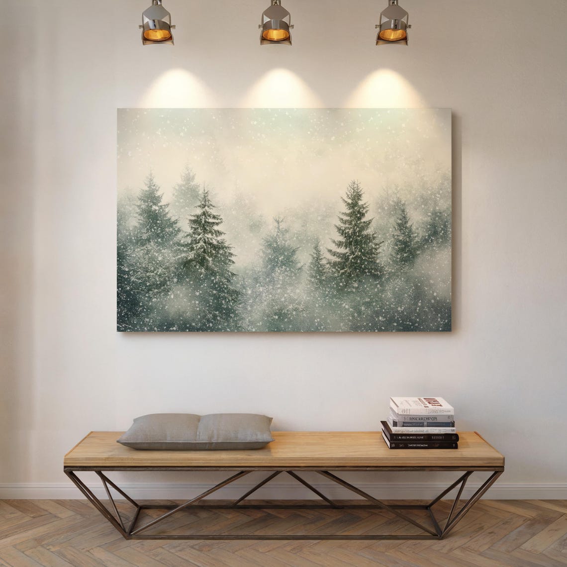 Misty Green Pine Forest In Falling Snow Soft Watercolor Winter Poster - Image 4