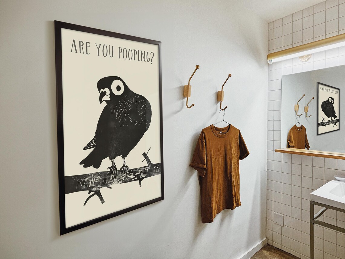 Are You Pooping Black Linocut Pigeon Branch Funny Bathroom Poster - Image 4