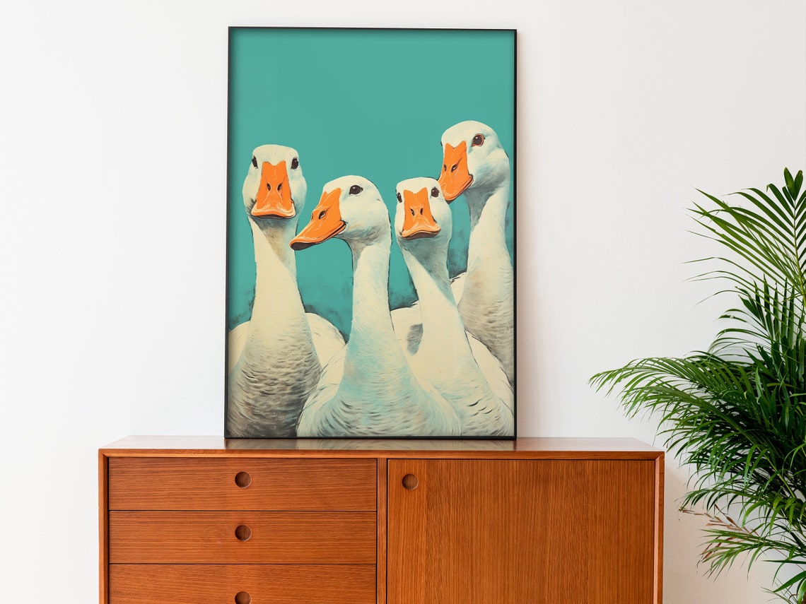 Silly Curious Geese Staring Close Up Group Portrait Teal Bird Poster - Image 3