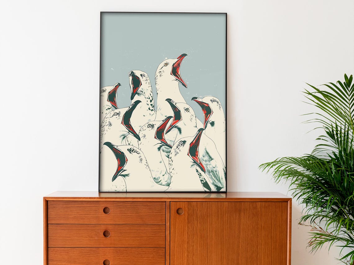 Screaming Seagulls Funny Graphic Bird Illustration Bathroom Poster - Image 2