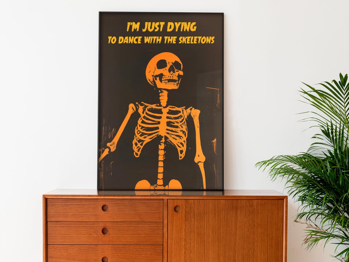 Skeleton Wall Art Halloween Print Retro Funny Dancing Skeleton Print Minimalist Spooky Poster Trick Or Treat Print Fall Decor - Image 3