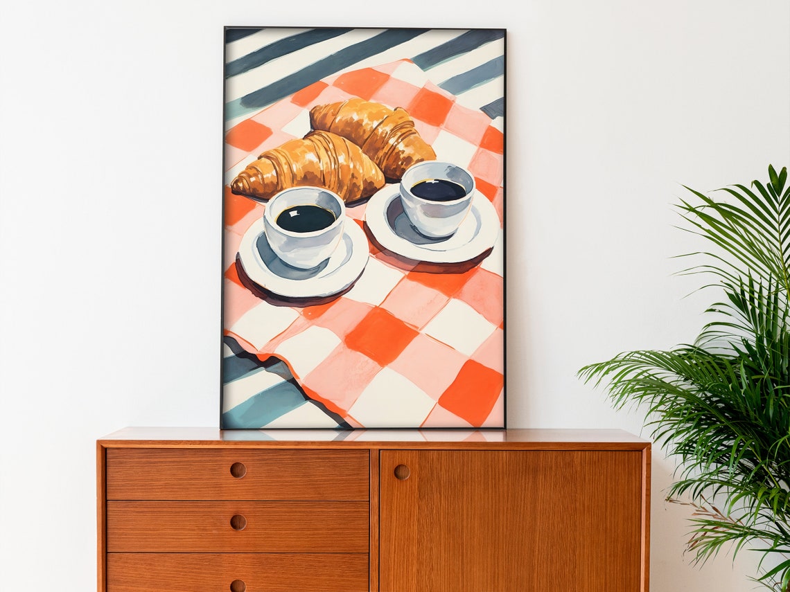 Retro Croissant and Coffee Breakfast Checkered Cloth Kitchen Poster - Image 3