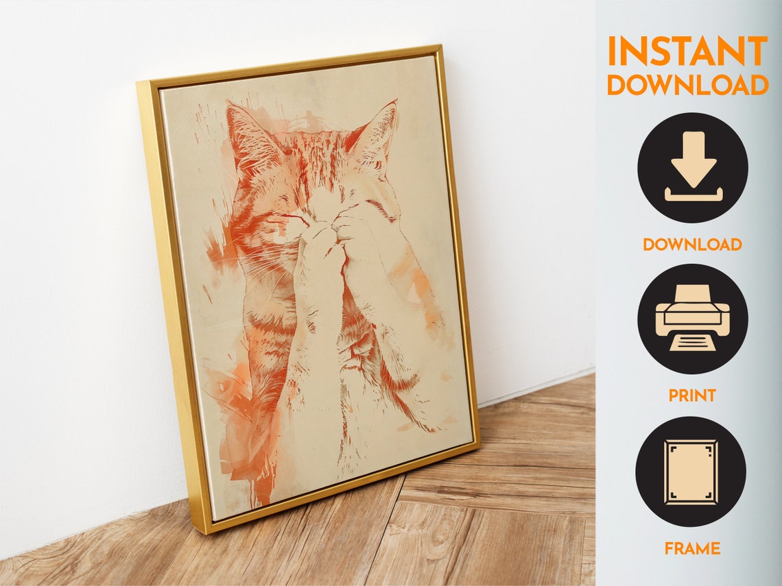 Shy Orange Tabby Cat Covering Eyes Cute Peekaboo Kitten Art Poster - Image 6