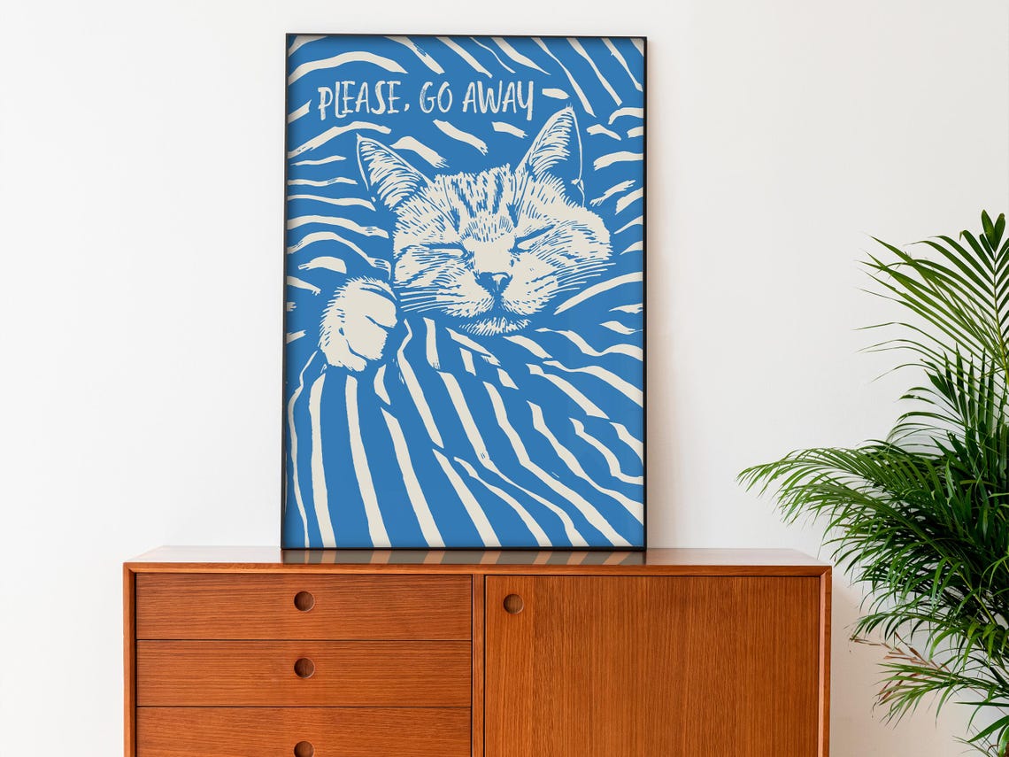 Go Away Poster Kids Bedroom Wall Art Funny Cat Art Print Retro Blue Teenage Room Decor Sleep Tight Wall Art Good Night Art - Image 2