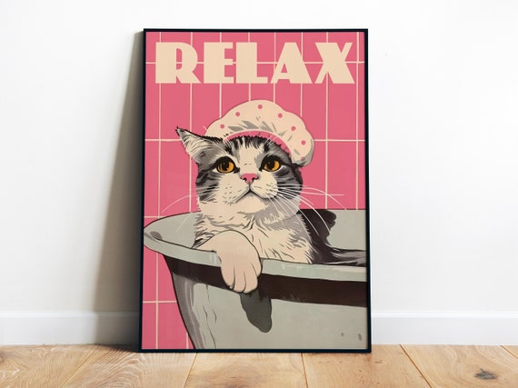 Relax Poster Pink Bathroom Wall Art Bathtime Print Art For Restroom Retro Bathroom Prints Funny Poster Toilet Art Cute Cat